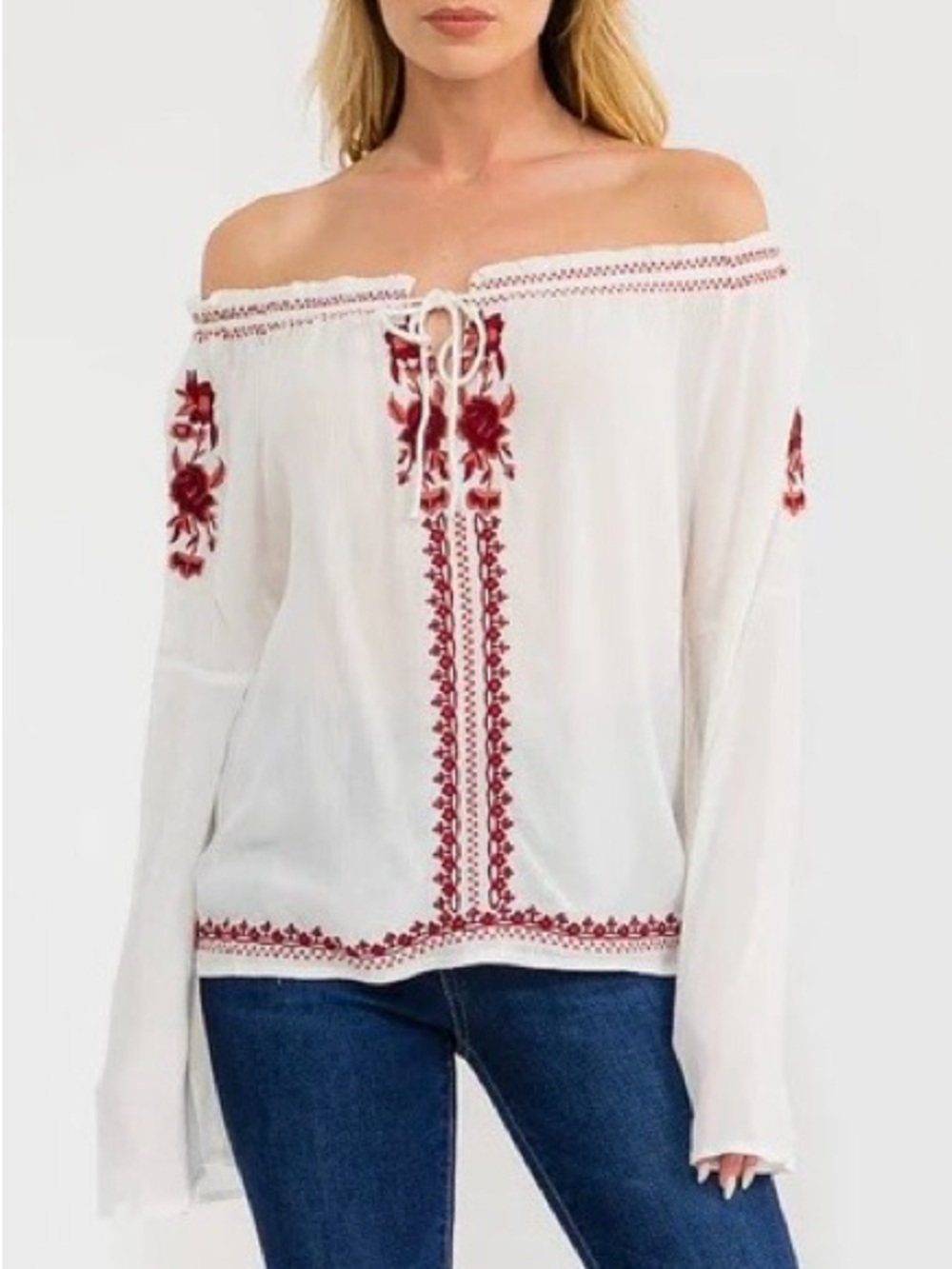0280. Off-Shoulder White Peasant Blouse with Red Embroidery